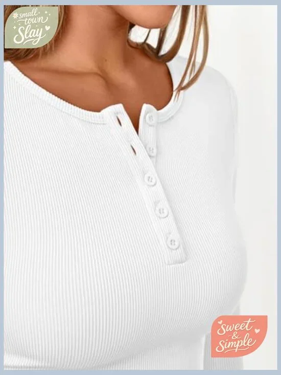 Long Sleeve Henley Thermal Top Fitted Ribbed Blouse Women's Casual Tee - Picture 5 of 6